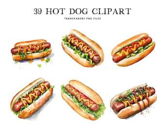 Watercolor Hot Dog Clipart, Png Bundle, Fast Food Clip Art, Illustration, Design, Free Commercial Use, Instant Digital Download