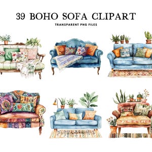 Aquarell Boho Sofa Clipart, Png-Bundle, Clip Art Illustration, Innenarchitektur, gemütliches Sofa, Möbel, Wohnzimmer, Vintage Sofa