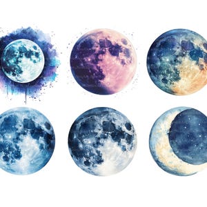 May include: Six watercolor illustrations of different phases of the moon. The moon is depicted in shades of blue, purple, and yellow with a starry background.