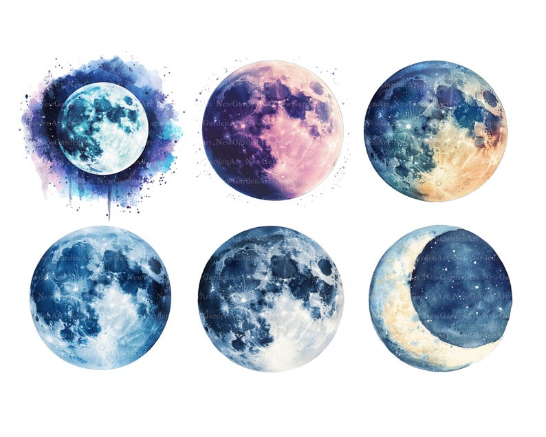 May include: Six watercolor illustrations of different phases of the moon. The moon is depicted in shades of blue, purple, and yellow with a starry background.