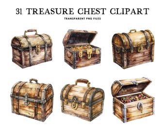 Watercolor Treasure Chest Clipart, Png Bundle, Clip Art Illustration, Design, Free Commercial Use, Instant Digital Download
