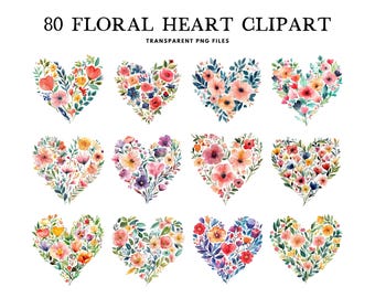 Watercolor Floral Heart Clipart, Png Bundle, Clip Art, Flower Illustration, Love Design, Decor, Free Commercial Use Instant Digital Download