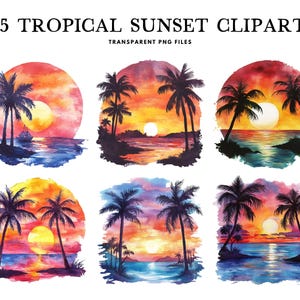 Watercolor Tropical Sunset Clipart, Png Bundle, Clip Art Illustration, Landscape Design, Free Commercial Use, Instant Digital Download