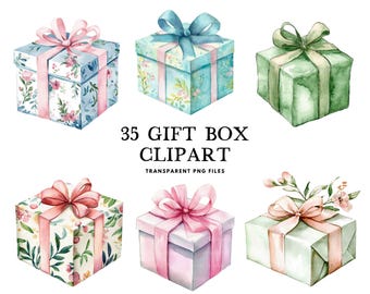 May include: A set of 35 watercolor illustrations of gift boxes with various floral patterns and ribbon colors. The boxes are tied with bows and have a variety of floral designs. The text "35 GIFT BOX CLIPART" is written in black text on a white background.