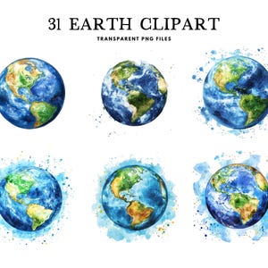 Watercolor Earth Clipart Bundle, Earth Png, Planet Earth Clip Art, Planet Illustration, Space Design, Astronomy, Instant Digital Download