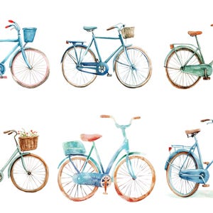 May include: Watercolor illustration of six vintage bicycles in various shades of blue and green. Each bike features a basket, with some holding flowers. The bikes have brown seats and tires, and are set against a white background.