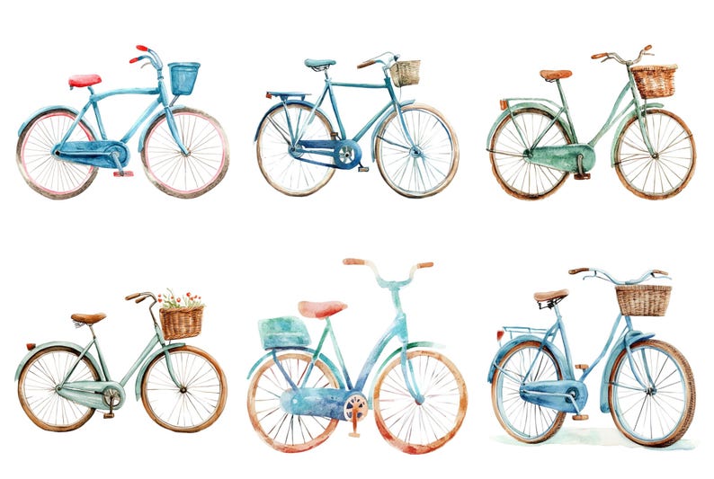 May include: Watercolor illustration of six vintage bicycles in various shades of blue and green. Each bike features a basket, with some holding flowers. The bikes have brown seats and tires, and are set against a white background.