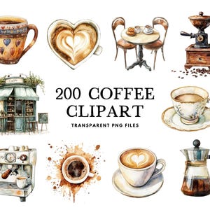 Bundle di clipart di caffè ad acquerello, png di caffè, illustrazione, arte del latte, tazza, clip art per gli amanti dell'espresso, tazza, negozio, fagioli, download digitale