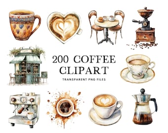 Peut inclure: Illustrations à l'aquarelle d'articles de café, y compris une tasse à café, un moulin à café, une cafetière, une devanture de café, une table et des chaises, et une tache de café. Le texte "200 COFFEE CLIPART TRANSPARENT PNG FILES" est inclus dans l'image.