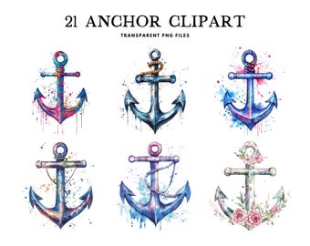 Peut inclure: Ensemble de 21 illustrations d'ancres à l'aquarelle. Les ancres sont peintes dans des tons de bleu, rose et violet avec des éclaboussures de couleur. Certaines ancres ont des détails de corde, tandis que d'autres ont des accents floraux.