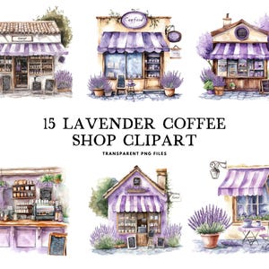 May include: Watercolor illustrations of 10 lavender coffee shops with purple awnings, green plants, and the text "Coffee" above the door.  The illustrations are on a white background.