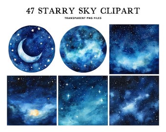 Watercolor Starry Sky Clipart, Png Bundle, Clip Art, Illustration, Night Design, Midnight, Landscape, Space, Galaxy, Cosmic Digital Download