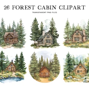 May include: A set of 26 watercolour illustrations of forest cabins. Each illustration features a wooden cabin surrounded by lush green trees. The cabins have brown roofs and windows, and some have chimneys with smoke coming out. The illustrations are perfect for adding a touch of nature to your designs.