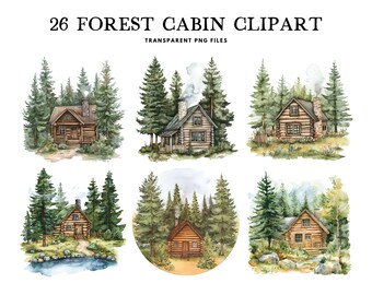 Aquarel boshut clipart, png-bundel, illustraties, log illustratie, rustiek ontwerp, huis, huis, bos, instant digitale download