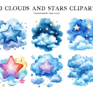 Aquarel wolken en sterren clipartbundel, png, wolk illustraties, sterillustratie, luchtontwerp, wolk en ster, instant digitale download