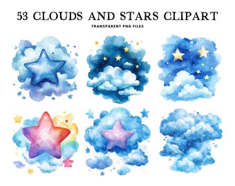 Watercolor Clouds and Stars Clipart Bundle, Png, Cloud Clip Art, Star Illustration, Sky Design, Cloud And Star, Instant Digital Download