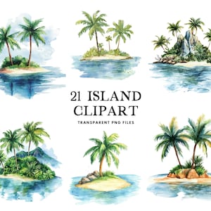 Bundle de cliparts aquarelle île, île Png, clipart île tropicale, illustration de plage, aménagement côtier, vacances, mer, nautique