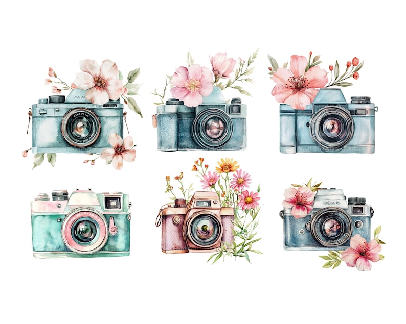 Watercolor Camera Clipart Bundle, Camera Png, Vintage Camera Clip Art, Retro Camera Illustration, Photography Design, Photographer image 4