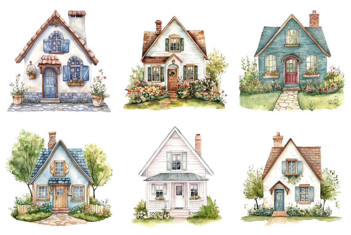 Watercolor Cottage House Clipart Bundle, Cottage House Png, House Clip ...