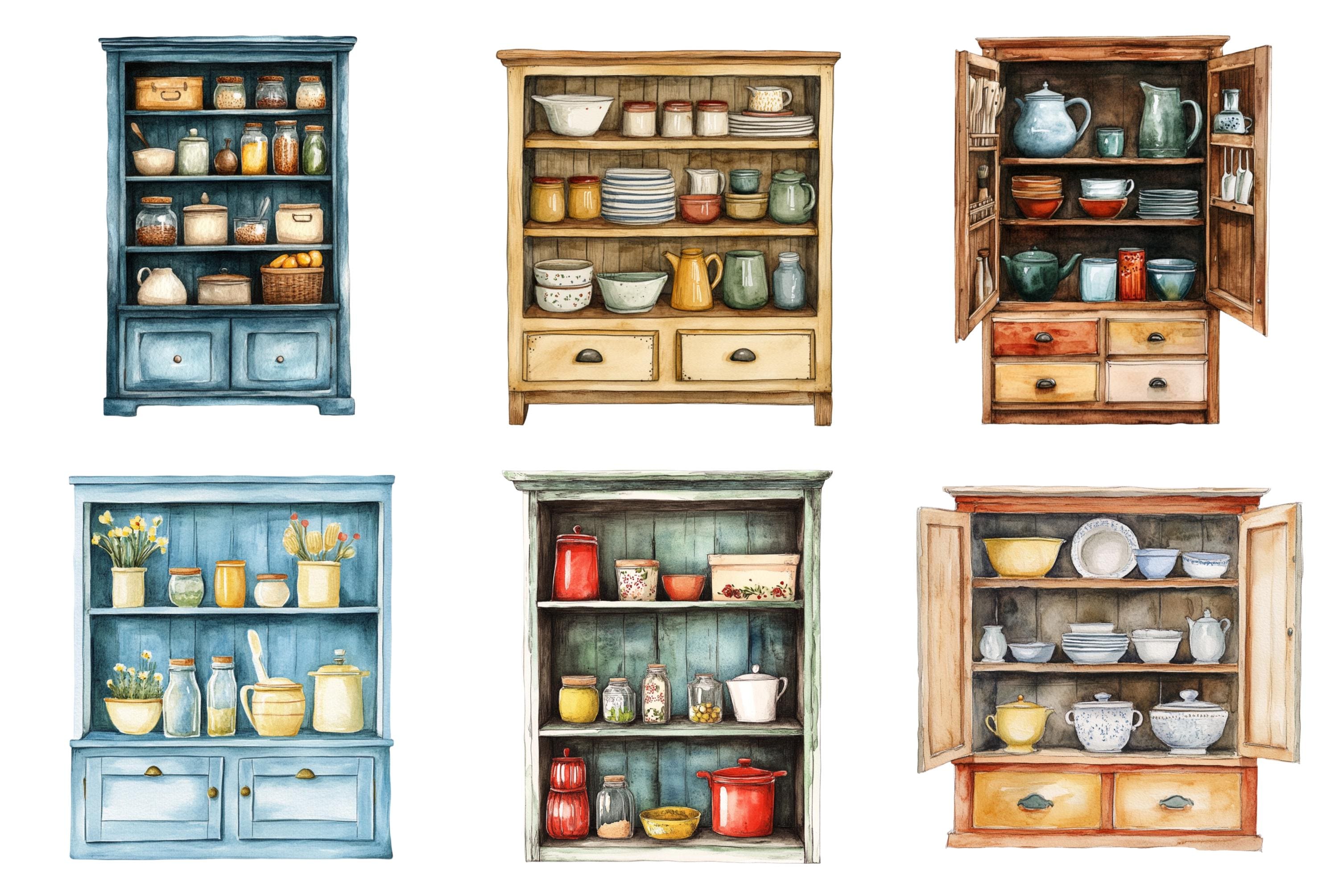 Watercolor Cupboard Clipart Bundle, Cupboard Png, Kitchen Clip Art ...