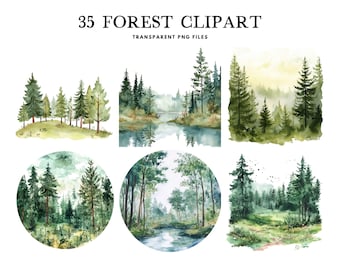 Clipart de bosque en acuarela, paquete PNG, clip art de paisaje, ilustración de la naturaleza, diseño de bosque, uso comercial gratuito, descarga digital instantánea