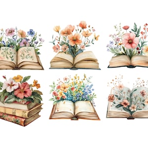 May include: Six watercolor illustrations of open books with colorful flowers on top. The books are vintage with worn pages and brown covers. The flowers are a mix of pink, purple, blue, yellow, and orange.