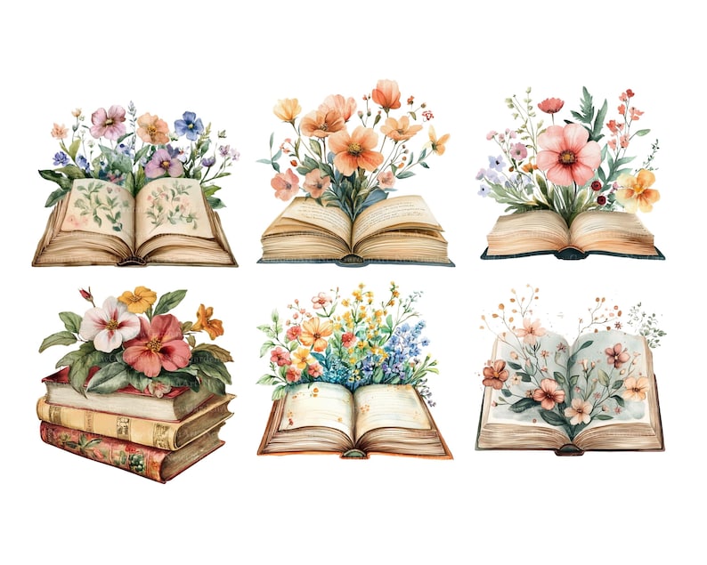 May include: Six watercolor illustrations of open books with colorful flowers on top. The books are vintage with worn pages and brown covers. The flowers are a mix of pink, purple, blue, yellow, and orange.