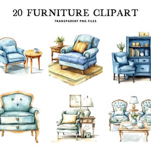 Watercolor Furniture Clipart, Png Bundle, Home Clip Art, Vintage Illustration, Modern Design, Living Room, Home Decor, Interior Cozy Antique