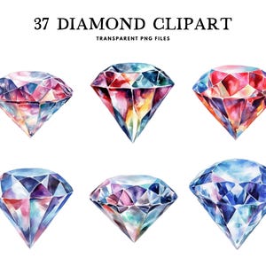 Watercolor Diamond Clipart Bundle, Diamond Png, Gem Clip Art, Gemstone Illustration, Jewel Design, Jewelry, Commercial Use, Digital Download
