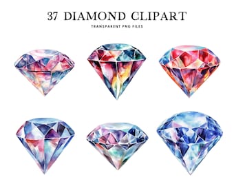 May include: Set of six watercolour illustrations of colourful diamonds. Each diamond is a different shade of blue, purple, and red. The diamonds are drawn in a realistic style with intricate details.