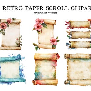 Aquarell Retro Papierrolle Clipart, Png-Bundle, Clip Art, Vintage Illustration, Antikes Design, Rustikal, Historisches, digitaler Download