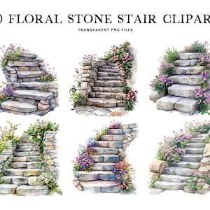 Aquarel bloemen stenen trap clipart, png bundel clip art illustratie, bloemdessin, trap, rustieke opstapje, instant digitale download