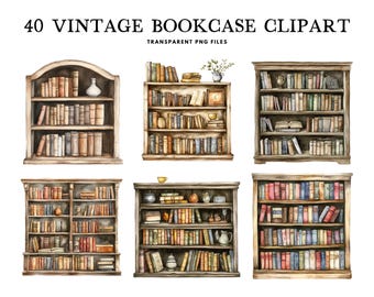 Watercolor Vintage Bookcase Clipart, Png Bundle, Clip Art, Bookshelf Illustration, Library Design, Book, Reading, Reader, Digital Download