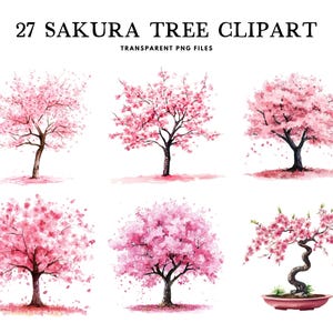 Watercolor Sakura Tree Clipart, Png Bundle, Clip Art, Illustration, Cherry Blossom Design, Japanese, Commercial Use Instant Digital Download