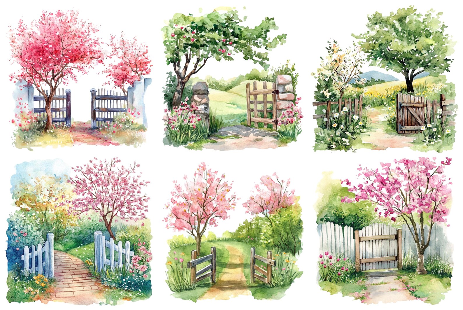 Watercolor Spring Tree Gate Clipart, Png Bundle, Clip Art, Garden Decor ...