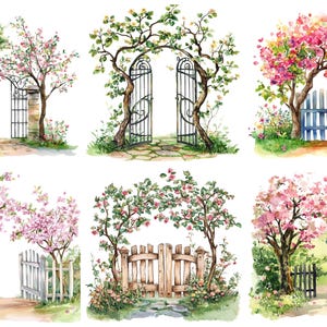 Watercolor Spring Tree Gate Clipart, Png Bundle, Clip Art, Garden Decor ...