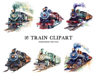 Watercolor Train Clipart Bundle, Train Png, Vintage Train Clip Art, Retro Train Illustration, Steam Train Design, Railroad, Locomotive