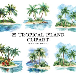 Bundle de cliparts aquarelle île tropicale, île tropicale Png, clipart île, illustration de plage, aménagement côtier, vacances, mer, nautique