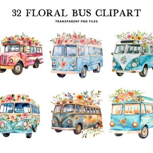 Aquarel bloemen bus clipart, png-bundel, illustraties, bloem illustratie, reisontwerp, gratis commercieel gebruik, instant digitale download