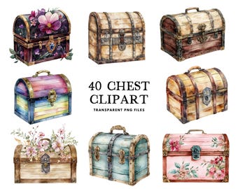 Watercolor Chest Clipart Bundle, Chest Png, Treasure Chest Clip Art, Vintage Chest Illustration, Retro Design, Wooden, Antique, Old Storage