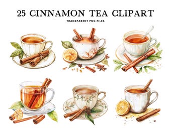 Watercolor Cinnamon Tea Clipart Bundle, Png, Cinnamon Clip Art, Tea Illustration, Spiced Tea Design, Autumn Drink, Tea Cup, Tea Mug