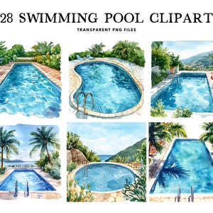以下が含まれることがあります： 28個の水彩画のスイミングプールのイラストのセット。イラストは、緑豊かな植物と熱帯植物に囲まれた、さまざまな形と大きさのプールを特徴としています。プールはすべて澄んだ青い水で満たされており、一部には水への梯子や階段があります。