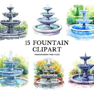 Watercolor Fountain Clipart Bundle, Fountain Png, Vintage Fountain Clip Art, Water Fountain Illustration, Decorative Stone Fountain Design