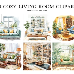 Może przedstawiać: Zestaw 29 akwarelowych ilustracji przytulnych salonów. Każda ilustracja przedstawia sofę, fotel, stolik kawowy i inne meble w różnych stylach i kolorach. Ilustracje idealnie nadają się do tworzenia projektów cyfrowych lub drukowanych do dekoracji wnętrz, kartek okolicznościowych i nie tylko.