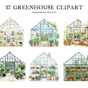 Clipart de estufa em aquarela, pacote de PNG, clipart de estufa, ilustração de jardim, design floral, download digital instantâneo de flores botânicas