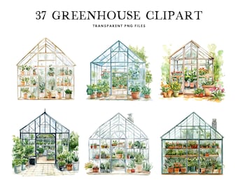Imágenes prediseñadas de invernadero de acuarela, paquete PNG, imágenes prediseñadas de invernadero, ilustración de jardín, diseño floral, descarga digital instantánea de flores botánicas
