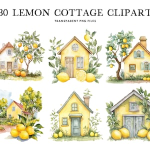 以下が含まれることがあります： レモンコテージのイラストが6点描かれた水彩画のクリップアート。各コテージはソフトイエローで塗装され、ドア、窓、レモンが実った木などの詳細が描かれています。上部には「30 Lemon Cottage Clipart」の文字があります。