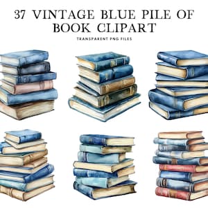 May include: Watercolor illustration of 37 vintage blue book clipart. The image features stacks of books in various shades of blue, brown, and tan. The books have a classic, antique look, with some having gold-colored pages.
