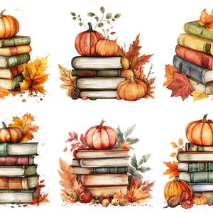 May include: Watercolour illustrations of stacks of books with pumpkins and autumn leaves. The books are in various colours, and the pumpkins are orange. The leaves are in shades of orange, red, and yellow, creating an autumnal theme.
