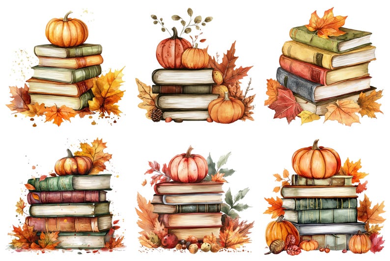 May include: Watercolour illustrations of stacks of books with pumpkins and autumn leaves. The books are in various colours, and the pumpkins are orange. The leaves are in shades of orange, red, and yellow, creating an autumnal theme.